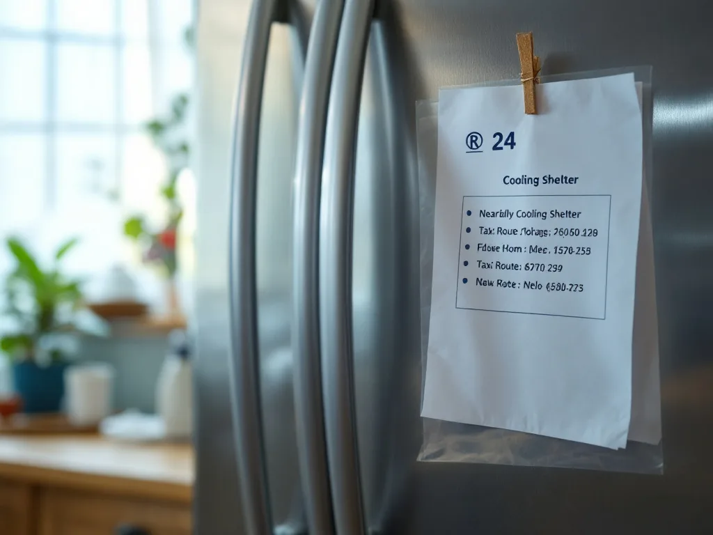 printed note on refrigerator with nearby cooling shelter names, phone numbers and taxi route for elderly parent, realistic Korean home photo | 국민안전24 확인 뒤 메모 | 쉼터 이름과 전화번호를 집 안에 붙여두는 방법