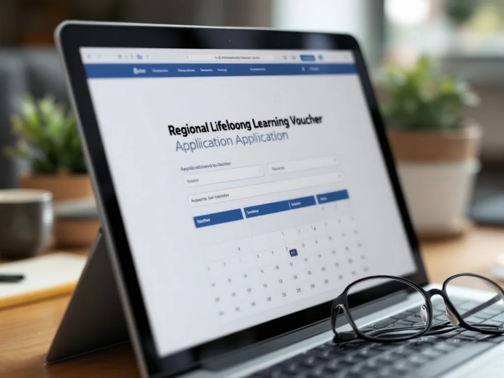 regional lifelong learning voucher application page on laptop with calendar and reading glasses