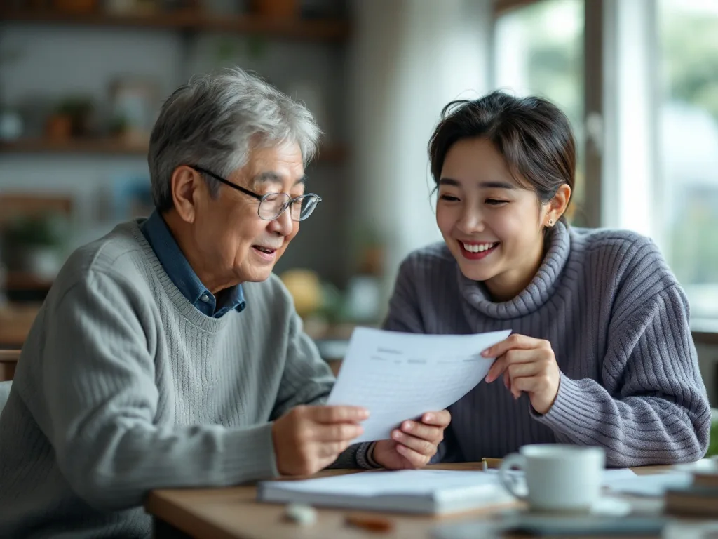 retired Korean parent holding health insurance bill while adult child marks payment deadline on calendar | 퇴직 후 받은 지역보험료 고지서와 납부기한을 확인하는 장면