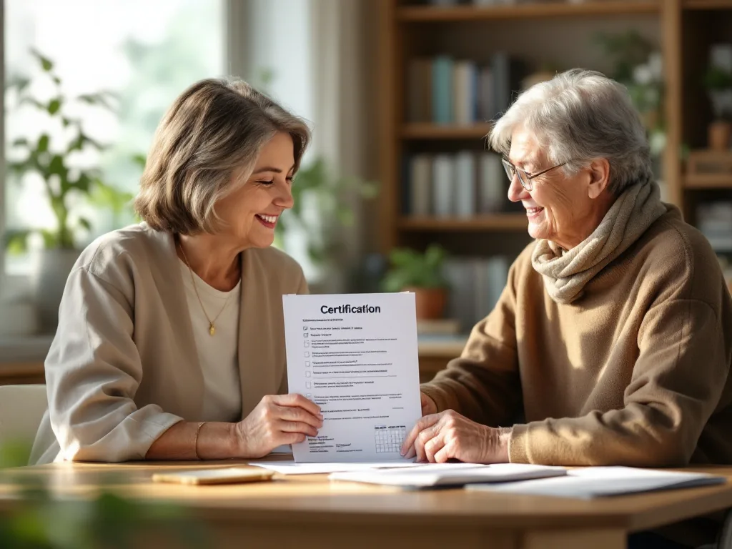 senior care consultation checklist with certificate, care plan, assistive device benefit confirmation and calendar, warm realistic Korean office scene | 요양기관 상담 전 서류 체크 | 계약 전 유효기간과 급여 종류를 확인하는 장면