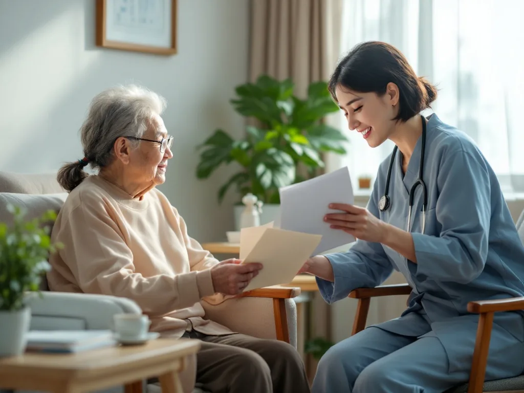 senior day care short stay room with caregiver checking admission document, warm realistic Korean care center photo | 단기보호 기관에서 입소 가능일과 준비물을 확인하는 장면
