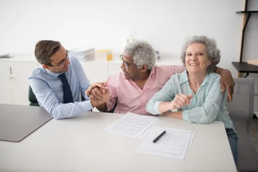 senior farmer and family comparing old note marked 65 with updated 60 age checklist, farmland pension consultation desk, realistic rural editorial photo
