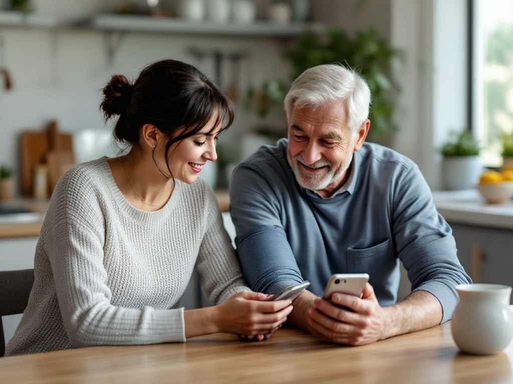 senior parent checking blood pressure monitor and smartphone health app with adult child at kitchen table | 어르신이 혈압계와 건강관리 앱을 가족과 함께 확인하는 장면