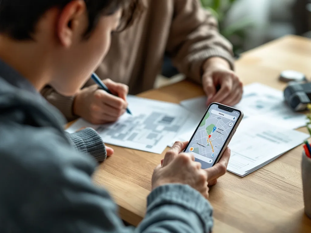 smartphone map showing nearby public cooling shelter search while adult child writes notes for elderly parent, Korean apartment table, realistic editorial photo | 안전디딤돌 무더위쉼터 검색 | 앱에서 가까운 쉼터 2~3곳을 미리 적어두는 장면