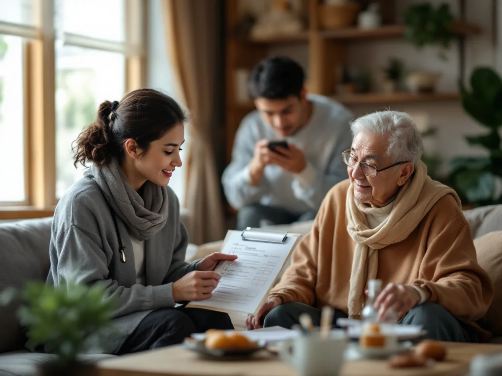 social worker and senior parent discussing care checklist at home with adult child nearby, warm realistic Korean apartment | 수행기관 상담자가 부모님 생활 상태를 확인하는 장면 | 신청 뒤에는 선정조사와 서비스 제공계획 수립 과정이 이어집니다