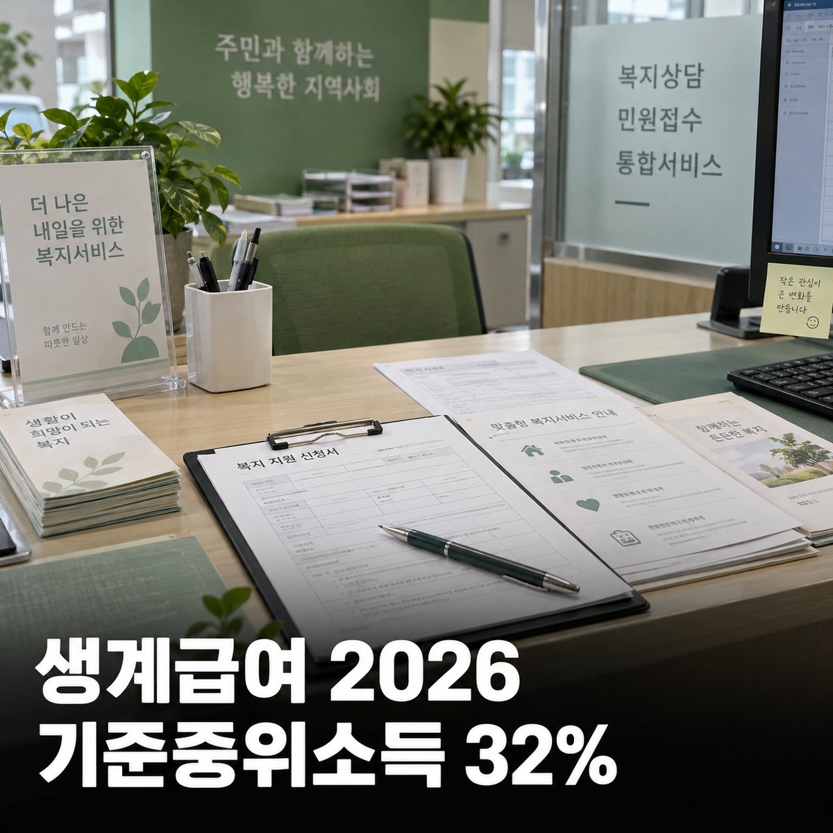 생계급여 2026, 기준중위소득 32% 이하 — 1인 82만5556원 기준과 복지로 신청